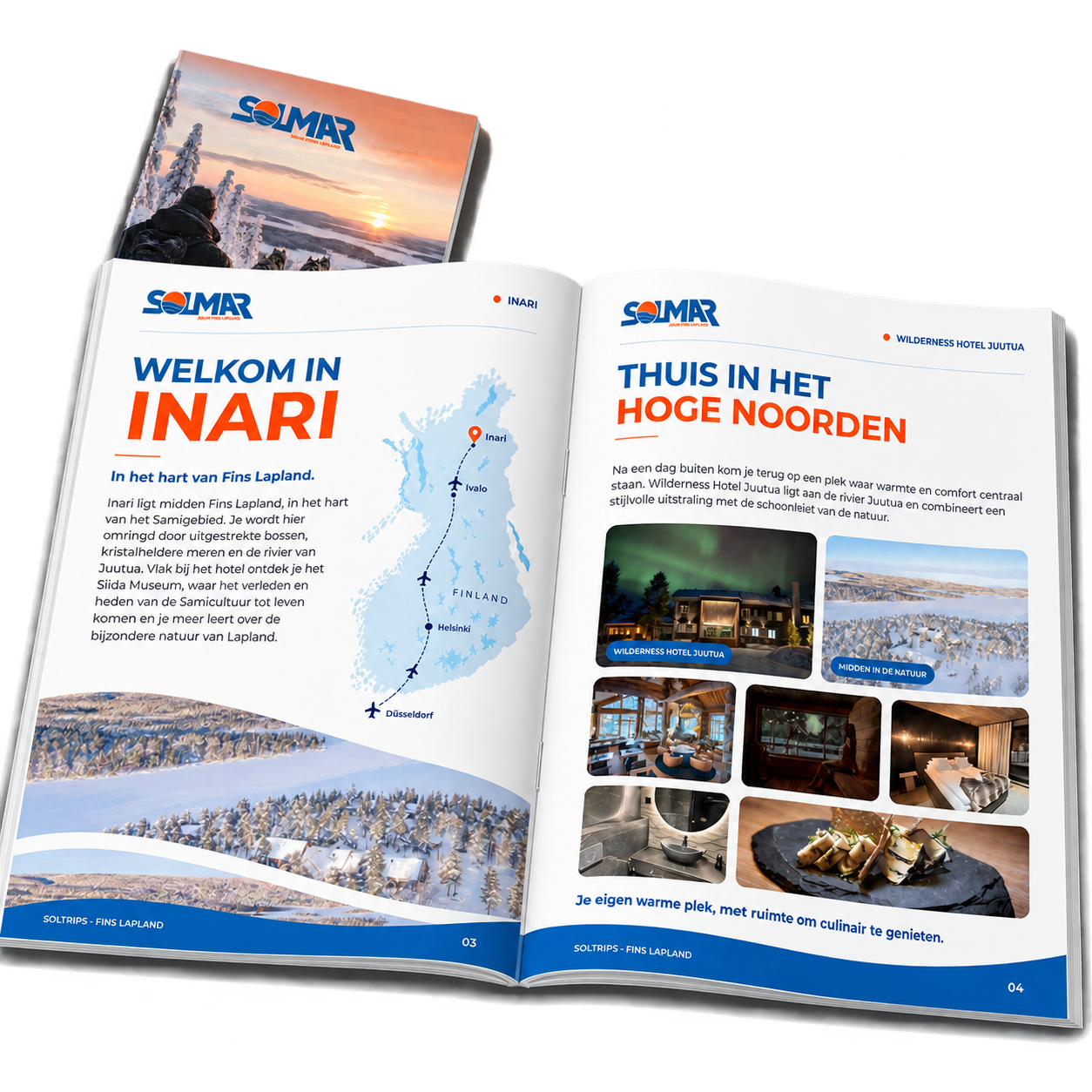 Open Lapland-inspiratiegids met de pagina’s over Inari en Hotel Juutua, met de cover erachter