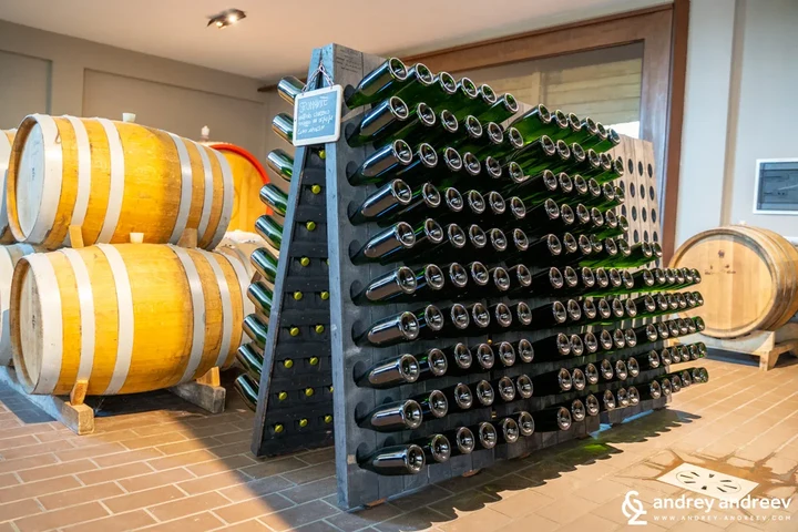Wijnflessen en houten vaten bij Cantina Coppola; foto Andrey Andreev